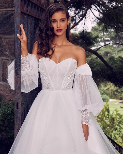 La22112 layered tulle ball gown wedding dress with ruffles and detachable long sleeves1